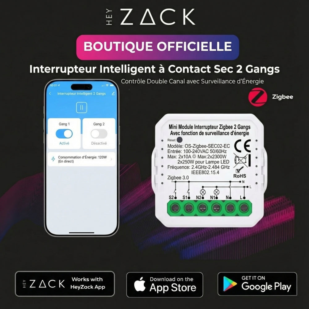 Interrupteur intelligent à contact sec à 2 positions avec surveillance de l'alimentation (16 A)