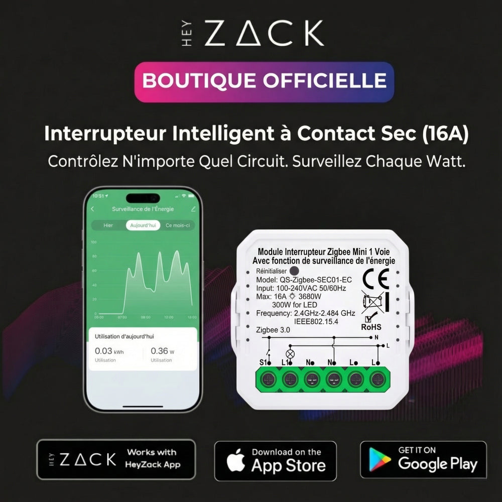 Interrupteur intelligent à contact sec 1 Gang avec surveillance de l'alimentation (16 A)