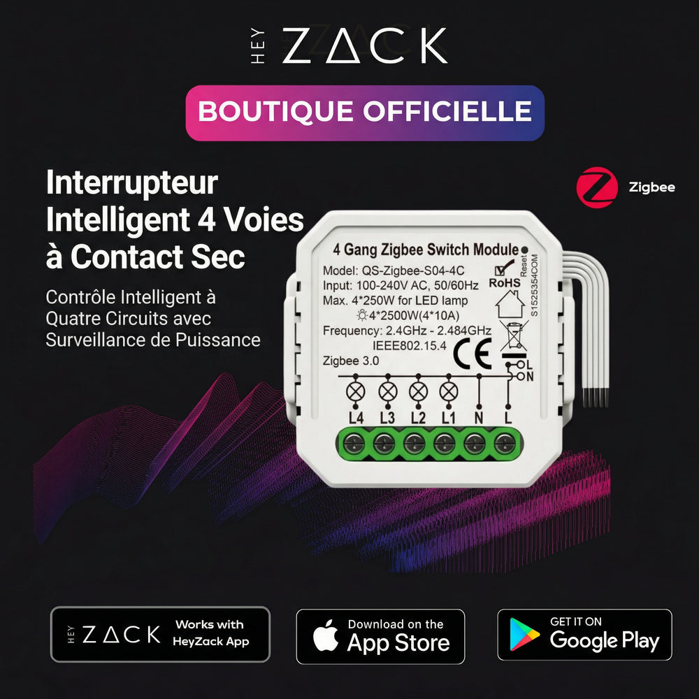 Interrupteur intelligent à contact sec 4 voies avec surveillance de l'alimentation (16 A)